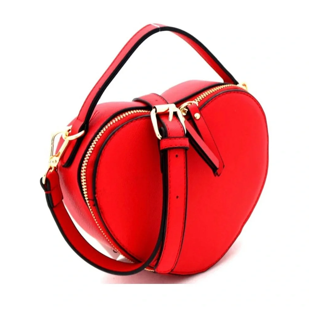RED Heart Shape Girls Womens Vegan Leather Small Handle Satchel Crossbody Purse
